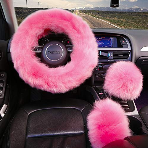 Yontree Cute Fluffy Steering Wheel Covers for Women/Girls/Ladies Australia Pure Wool 15 Inch1 Set 3 Pcs (Pink) - Image 3
